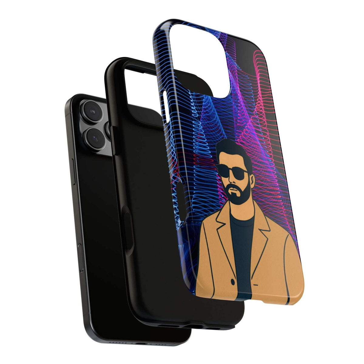 Glossy phone case with bearded man portrait, neon blue/pink lines, and camera cutouts