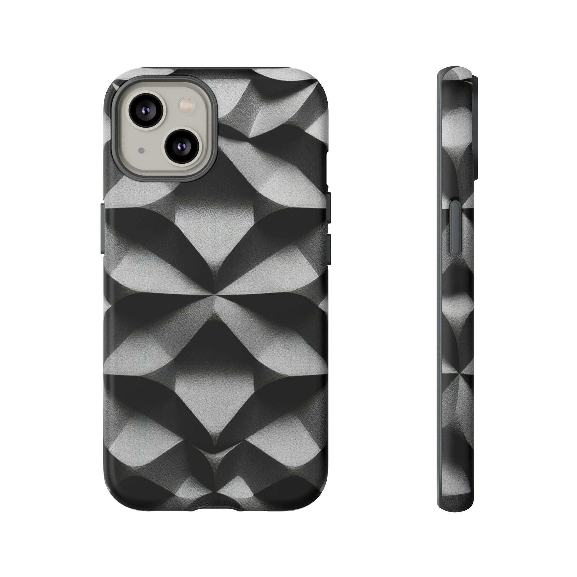 Black protective phone case with silver faceted diamond design; thin side view
