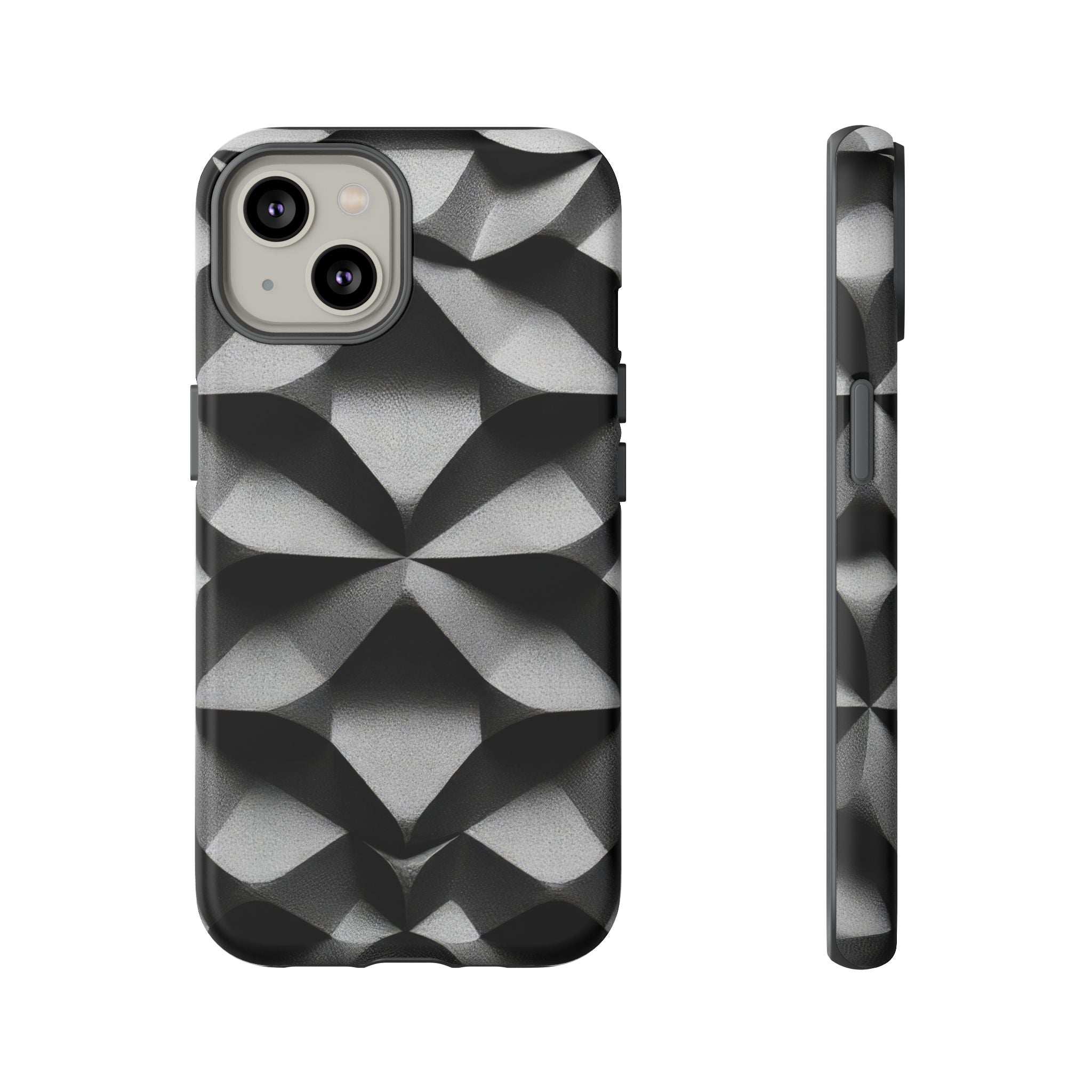 Black protective phone case with silver faceted diamond design; thin side view