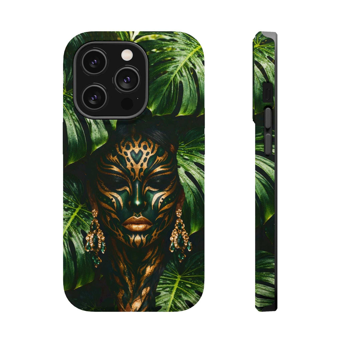 Front and side view of jungle mask phone case with green tropical leaves