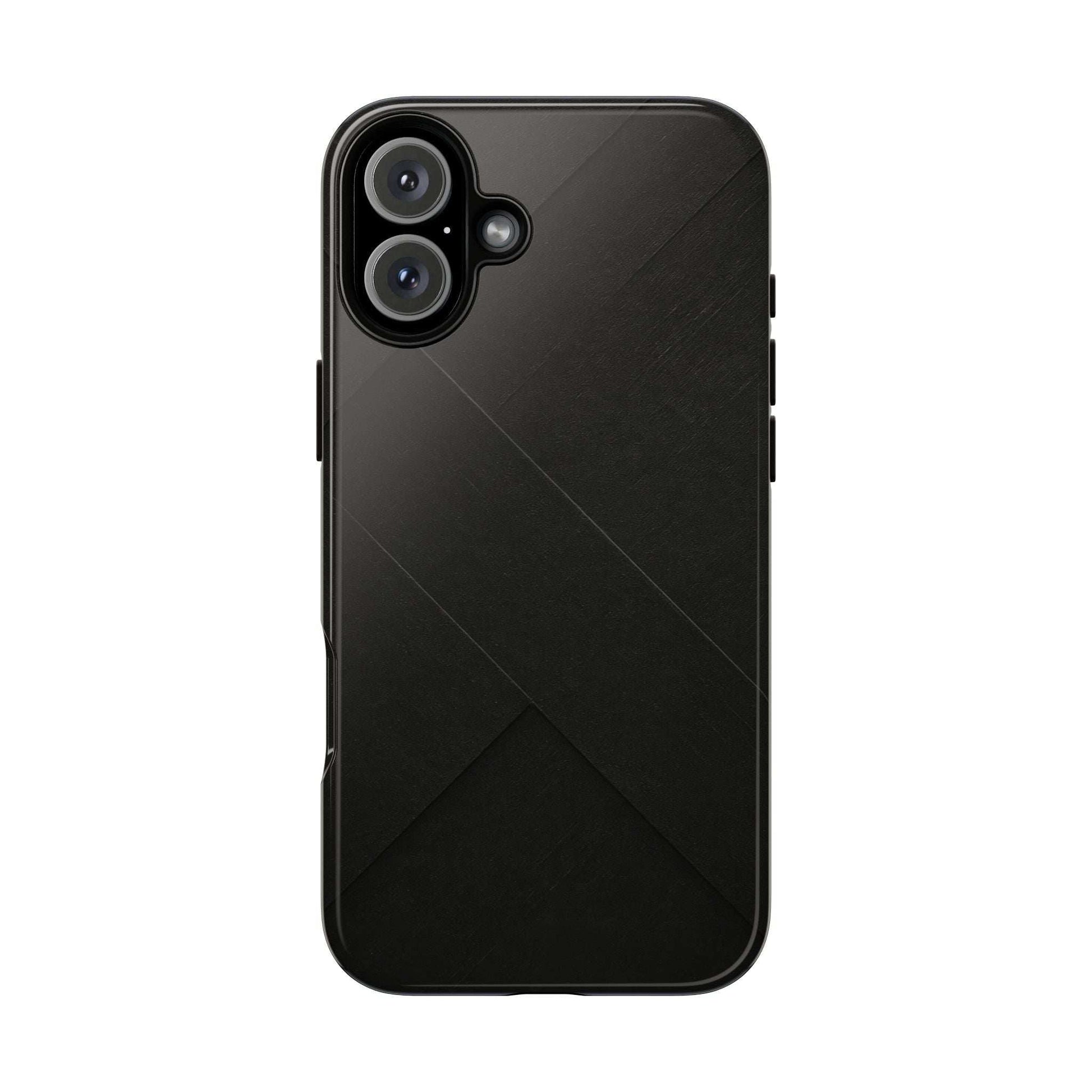 Matte black phone case with diagonal line motif and visible side button openings