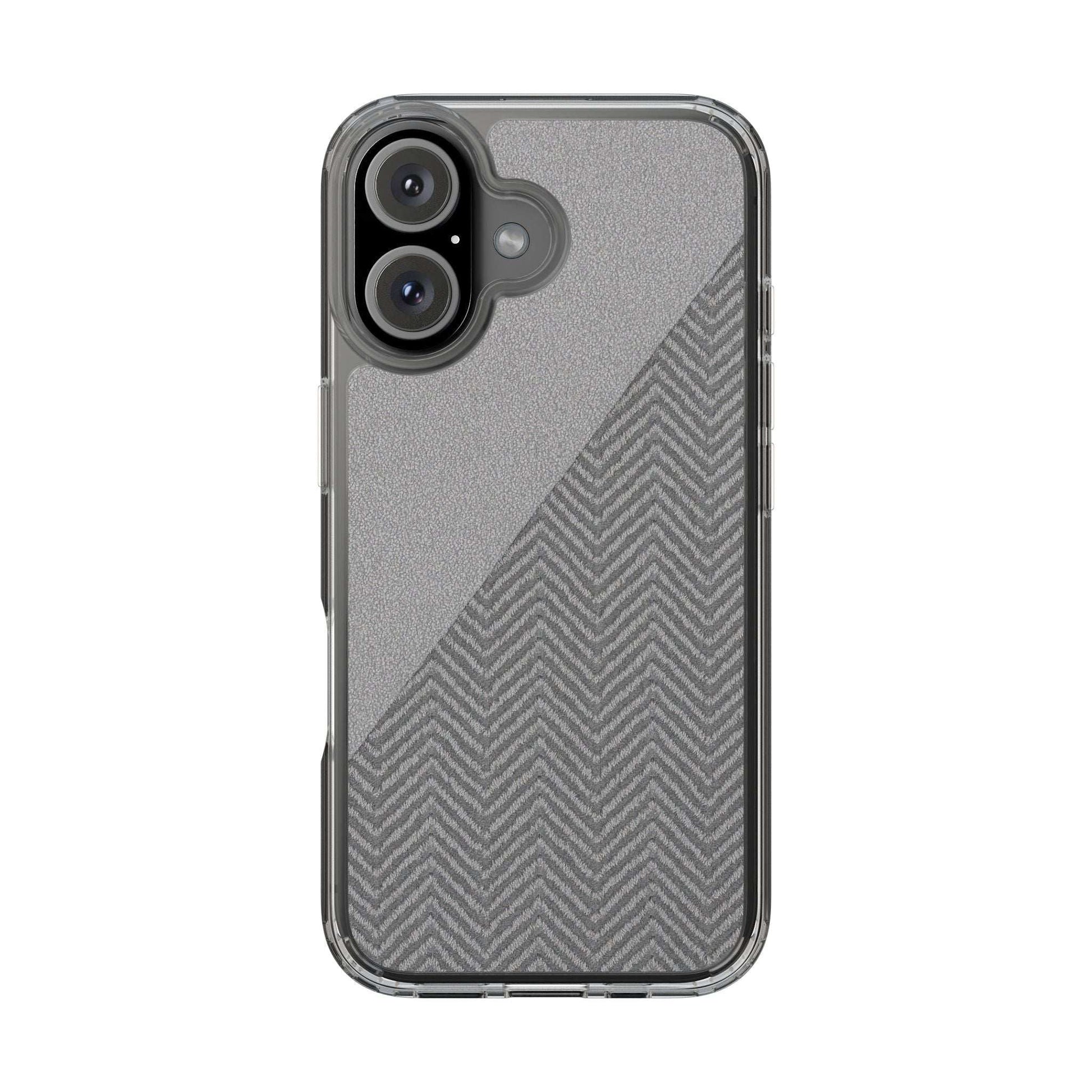 Tough phone case with clear bumper, dark herringbone diagonal pattern, dual cameras