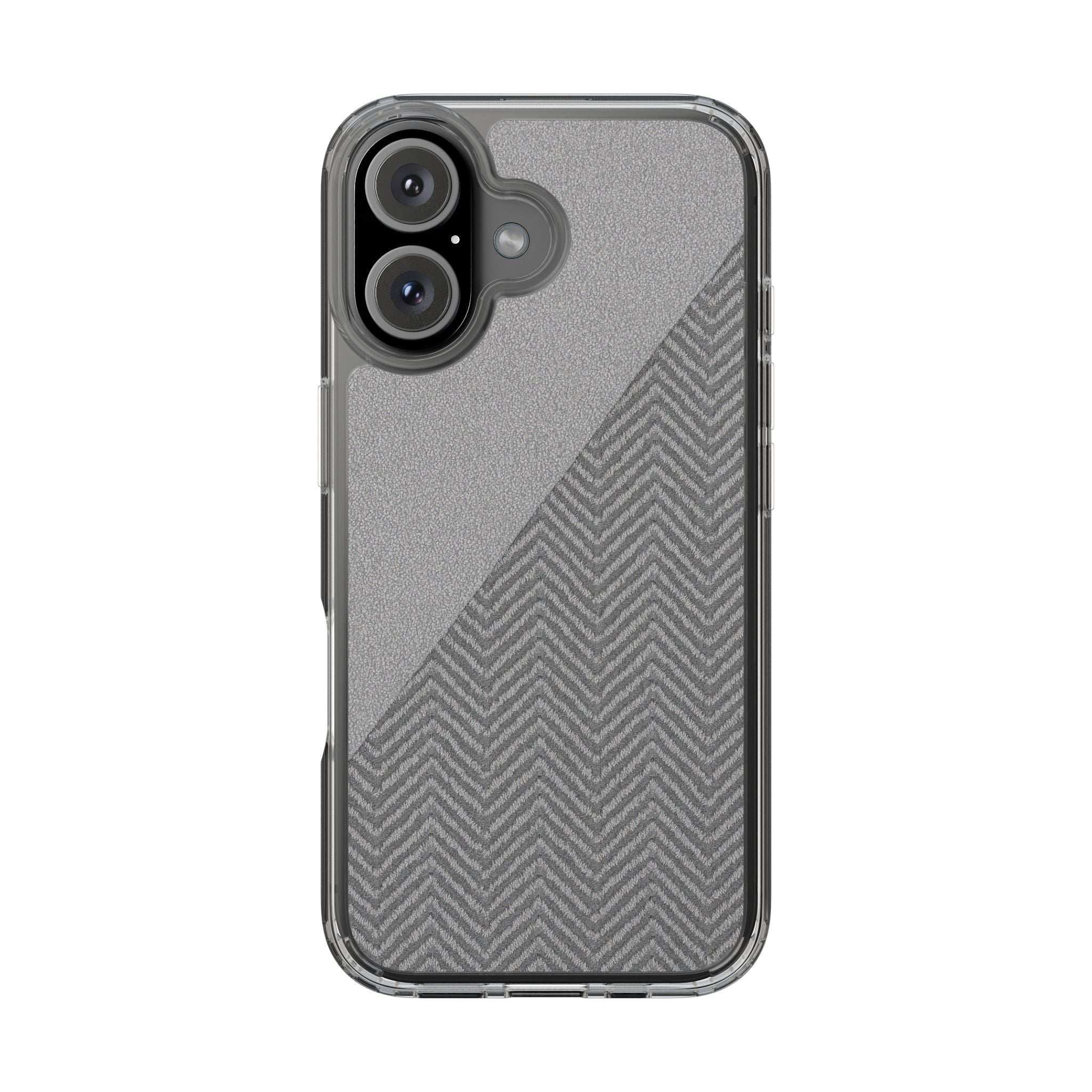 Tough phone case with clear bumper, dark herringbone diagonal pattern, dual cameras