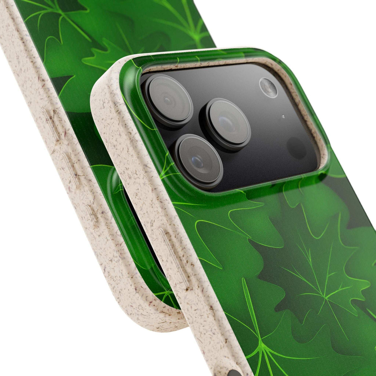 Green leaf phone case with triple camera cutouts and slim protective rim