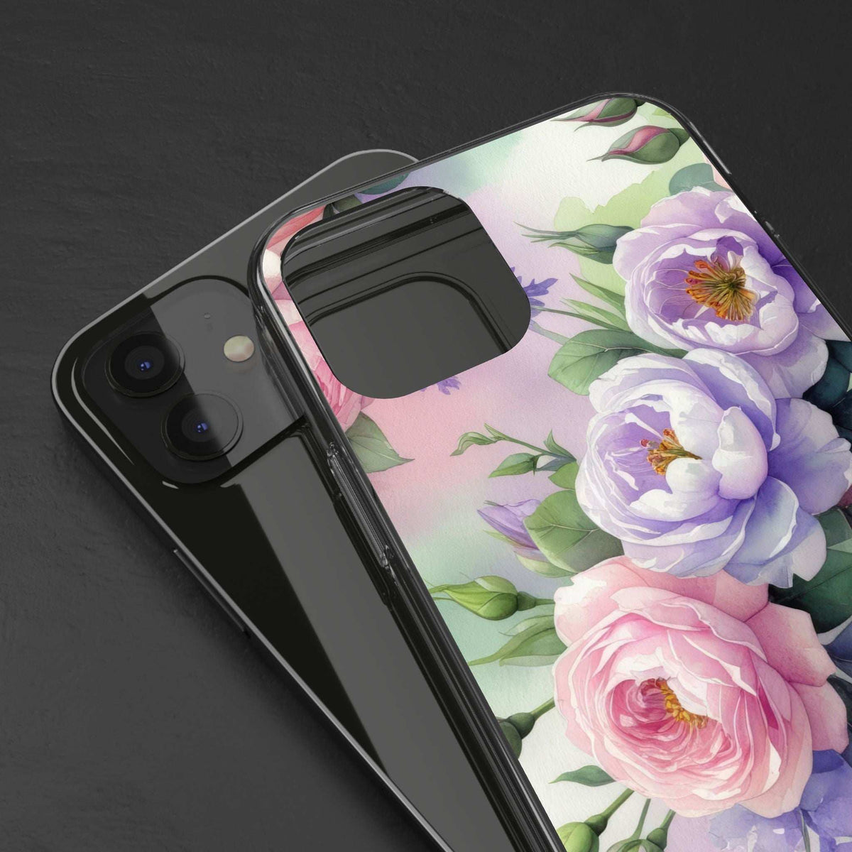 Clear floral phone case angled with transparent sides and pastel flower artwork