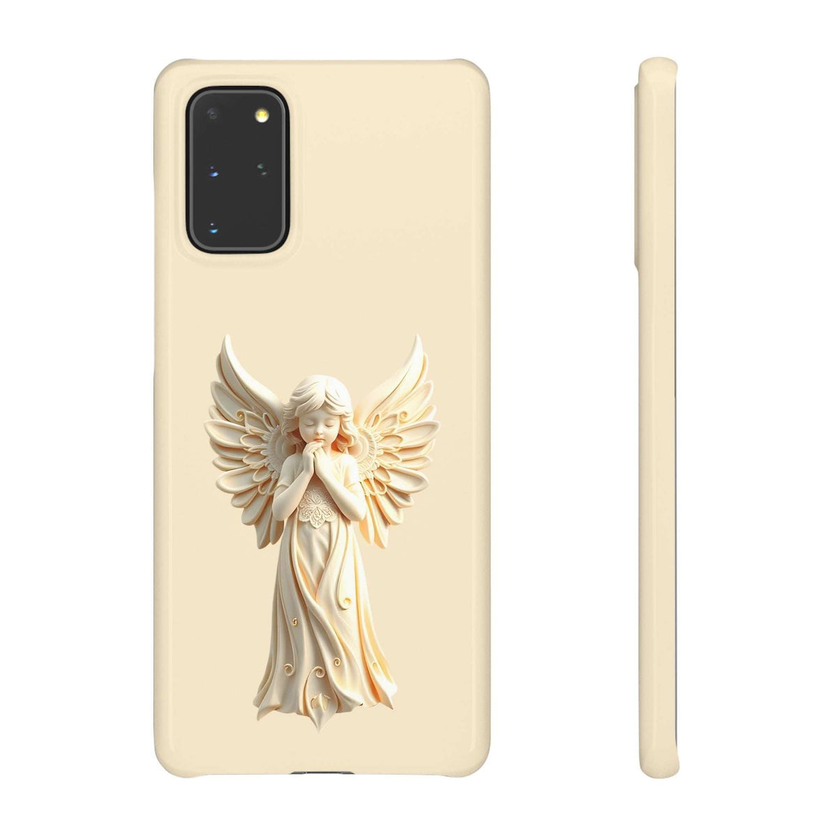 Beige phone case with angel figure center design and camera cutout
