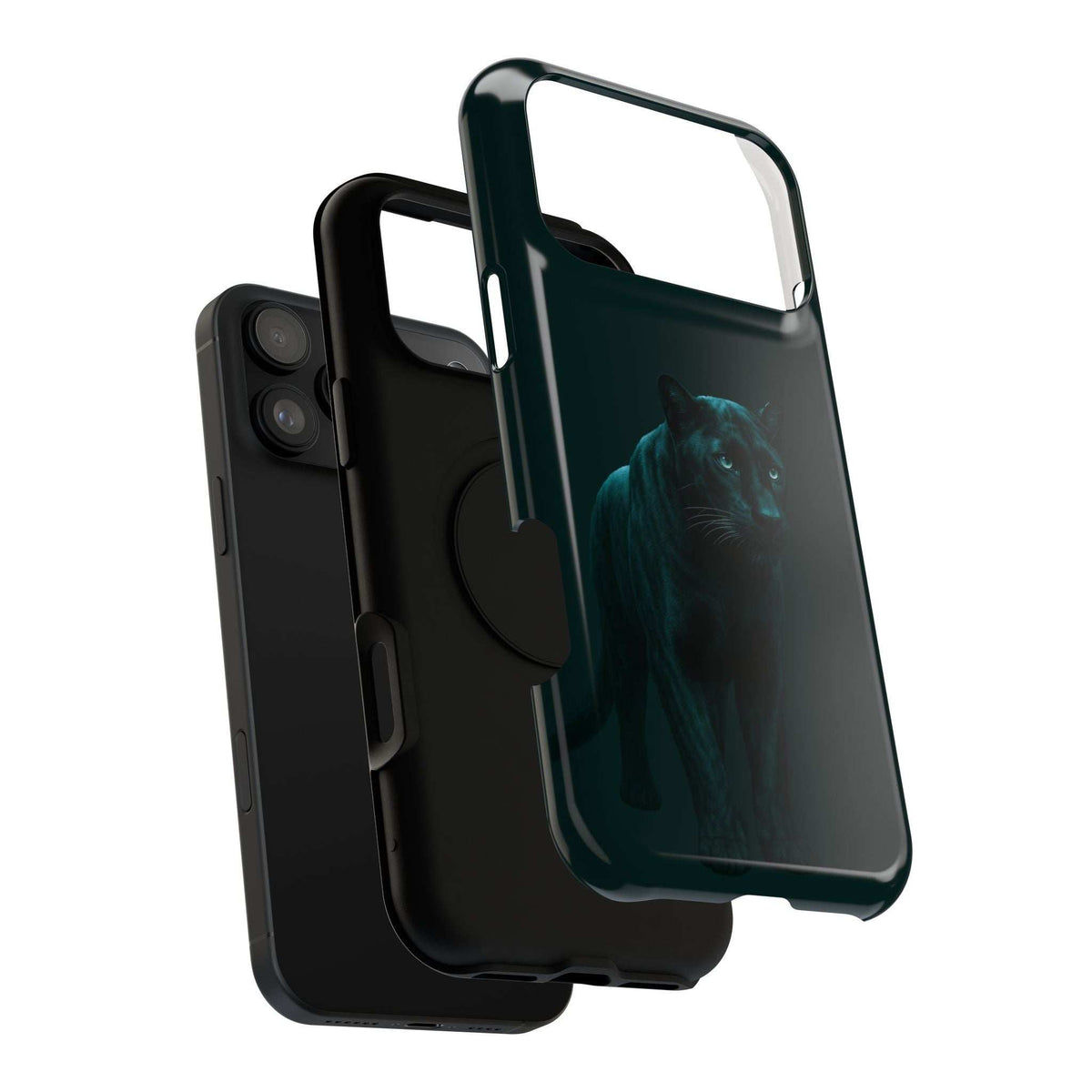 Glossy dark phone case with teal panther print and protective bumper edges