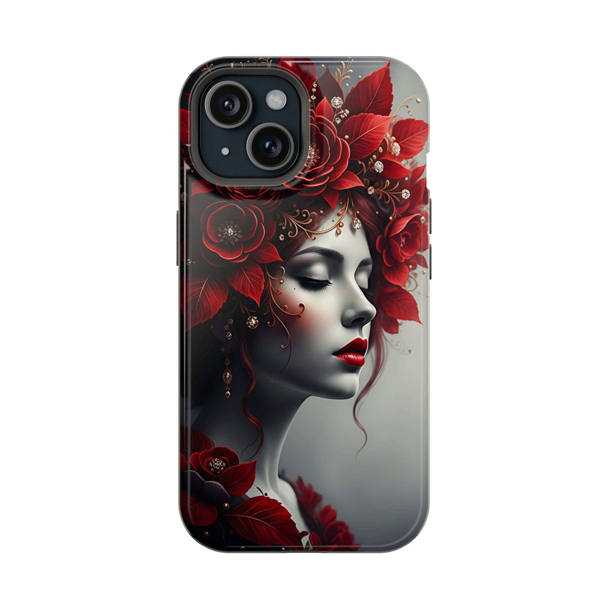 Phone case front showing red floral portrait woman with gray tones and black camera cutout
