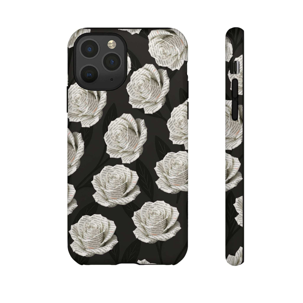 Silent Bloom phone case with white rose pattern on black; visible camera opening