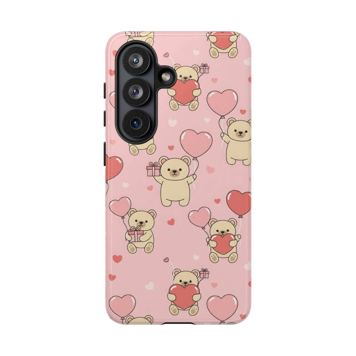 Pink phone case with teddy bears and hearts pattern, close-up view of camera cutouts