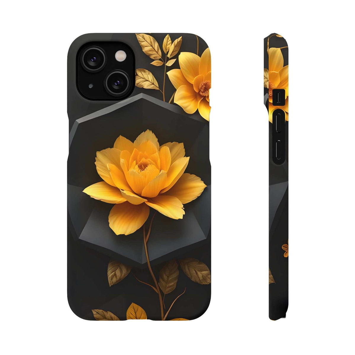 Black phone case featuring yellow peony and leaves; camera cluster on back