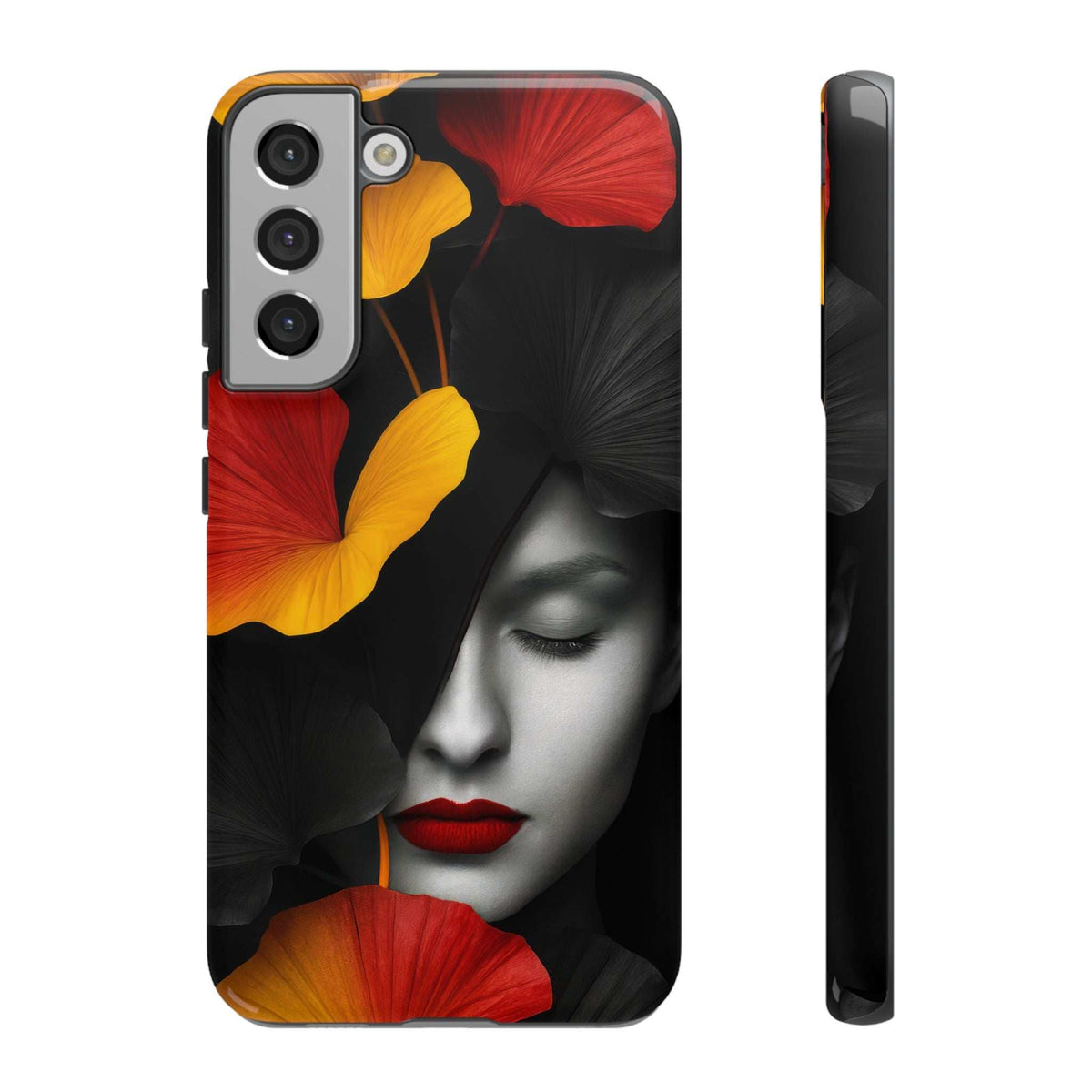 Glossy phone case with red and yellow flower pattern, black face graphic, cutouts for cameras