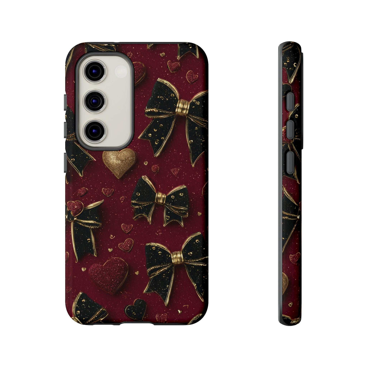 Maroon glossy phone case with gold heart and bow pattern; slim side profile visible