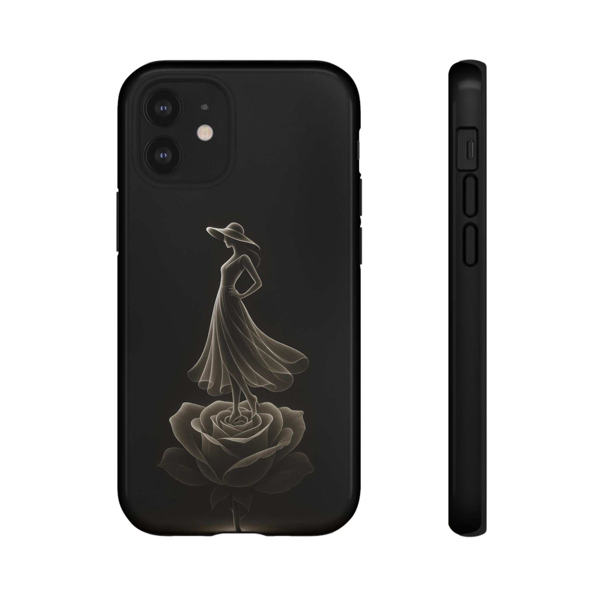 Black glossy phone case with lady and rose motif; back view and embossed side detailing