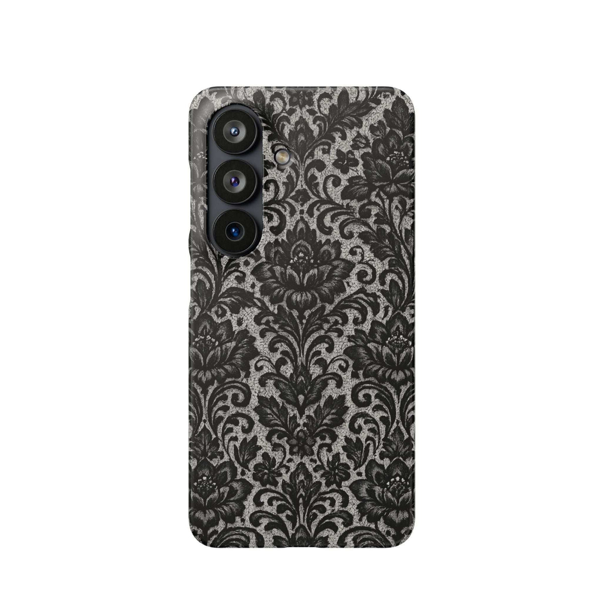 Black damask floral phone case with camera cutouts, side view
