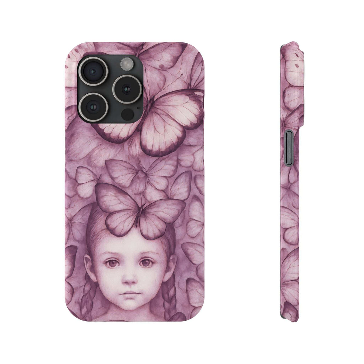Purple butterfly girl phone case front view with camera and side cutouts