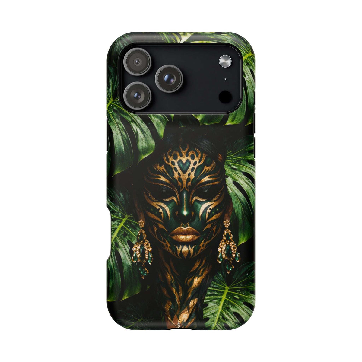 Phone case with jungle spirit mask and tropical leaf design, triple rear camera module