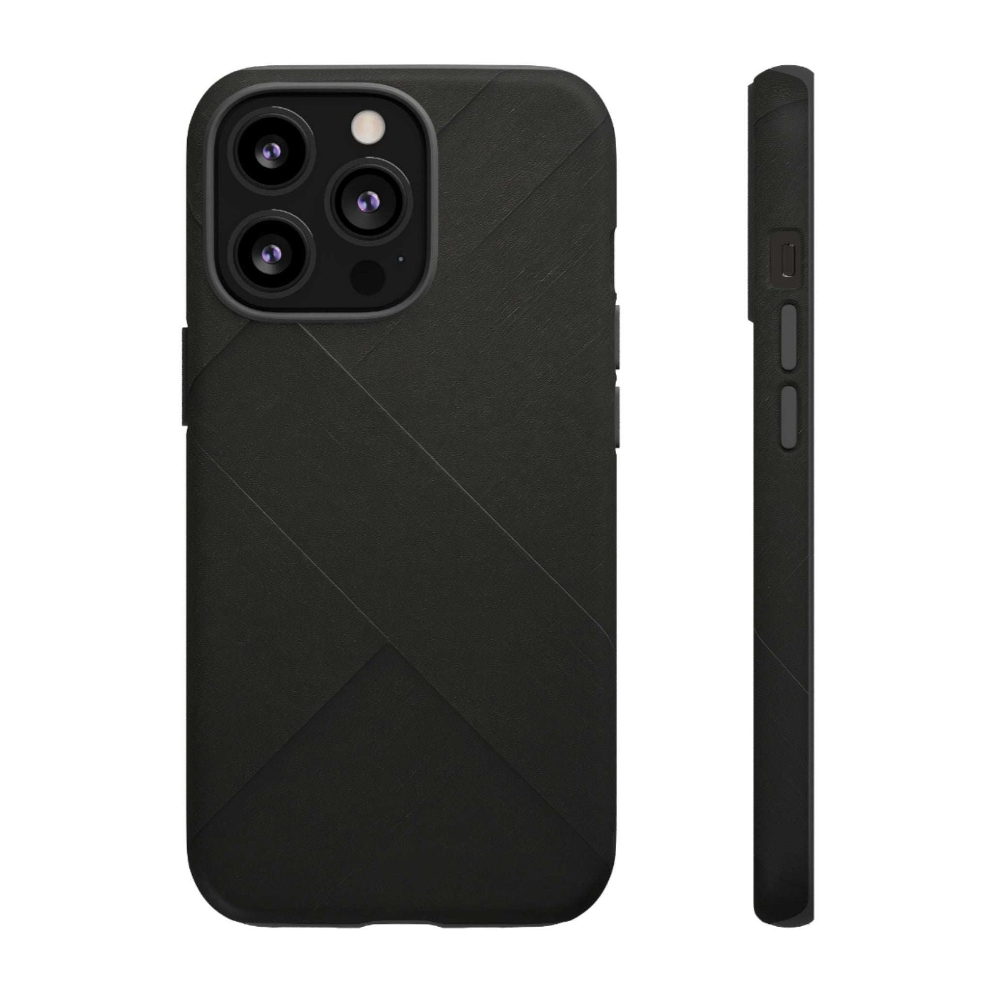 Matte black phone case with diagonal line pattern and raised camera cutouts
