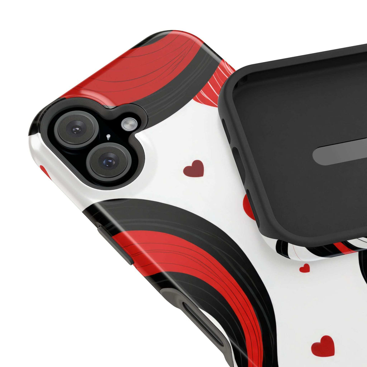 Glossy phone case with red stripes and hearts; protective screen opening and camera lenses