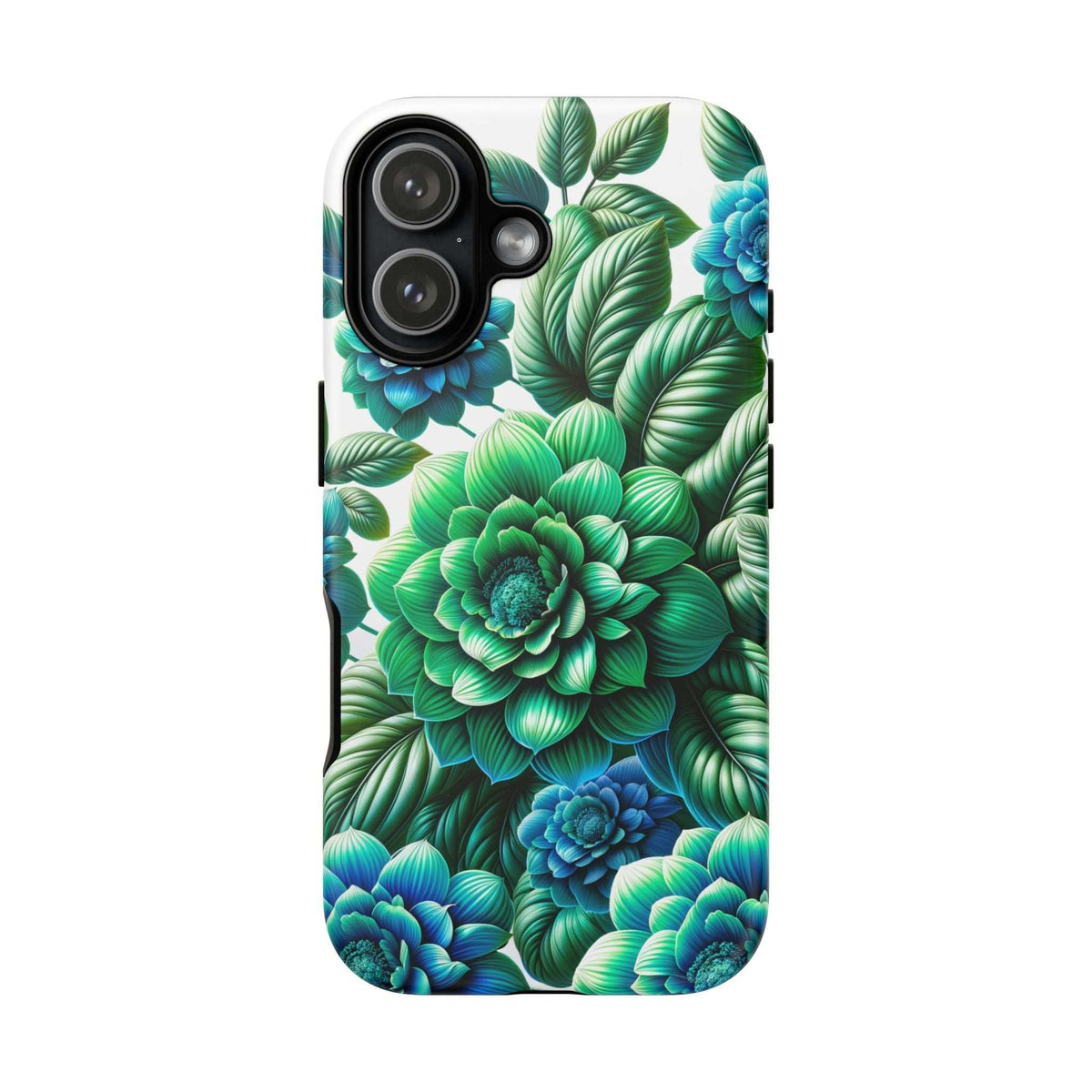 Green and blue floral phone case with centered blue flower near bottom corner