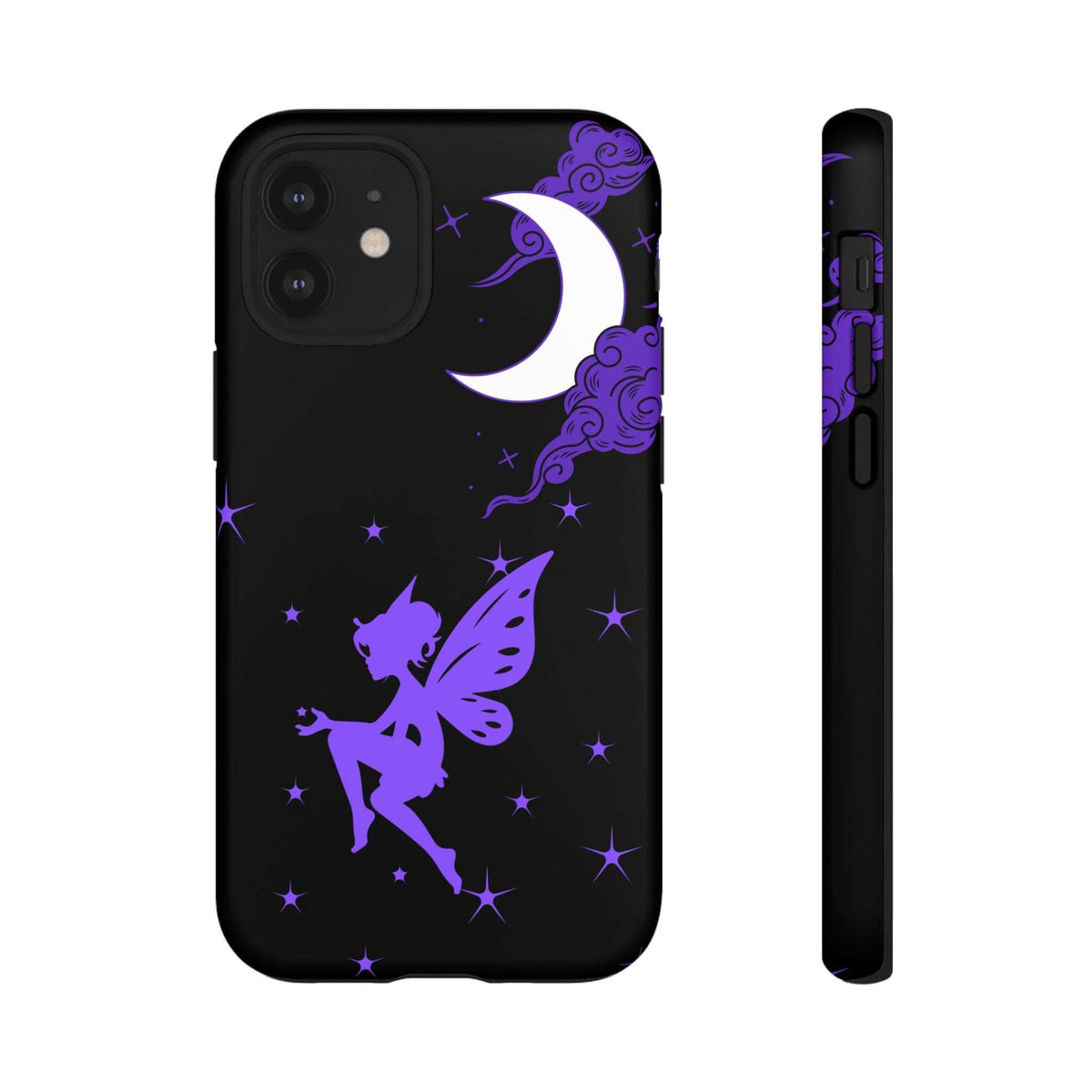 Black phone case with purple moon, cloud curls, and fairy wings; camera openings