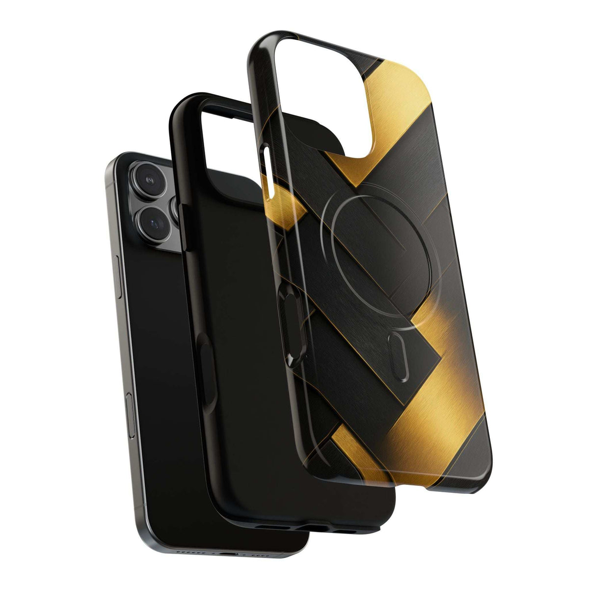 Glossy phone case: black and gold geometric grid, protective bumper design, camera openings