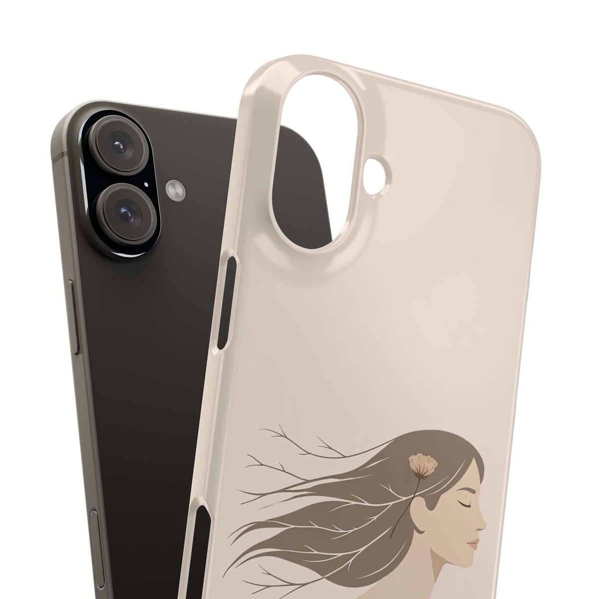 Cream phone case with floral woman line art, camera lens cutout and camera-ring detail