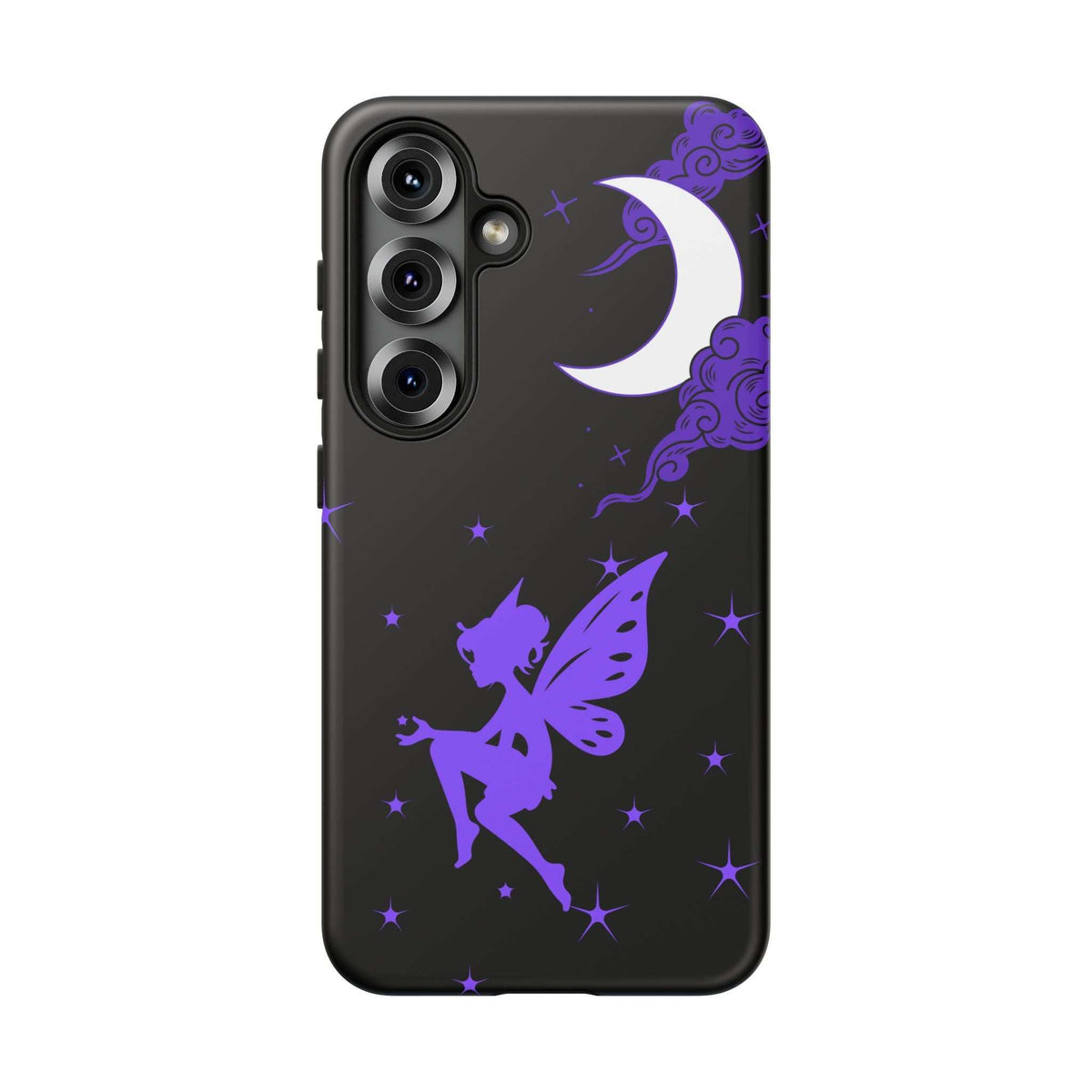 Black phone case with purple fairy wings, crescent moon, and starry accents; side buttons visible
