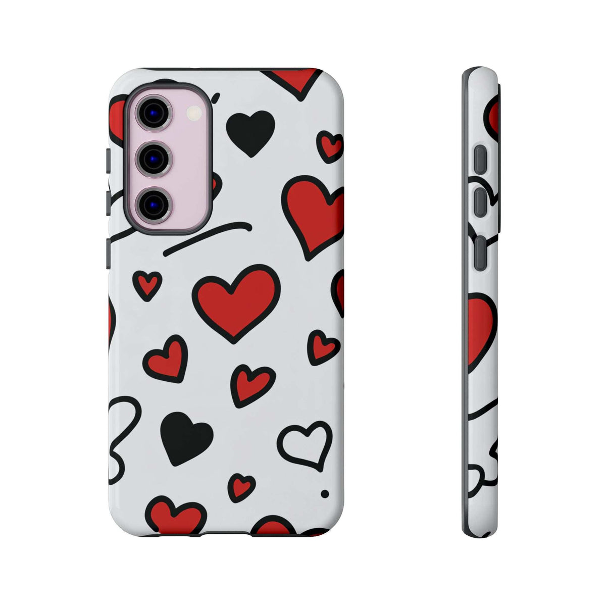 White phone case with scattered red and black hearts, dual-camera opening and button cutouts