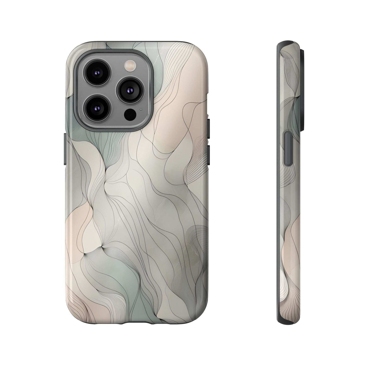 Pastel wave phone case in beige with light blue wavy lines; triple camera cutouts