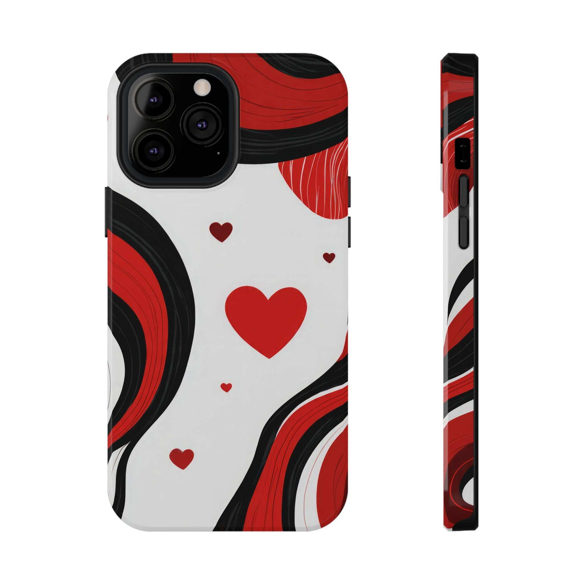 Phone case front and slim side profile with red hearts and swirl pattern