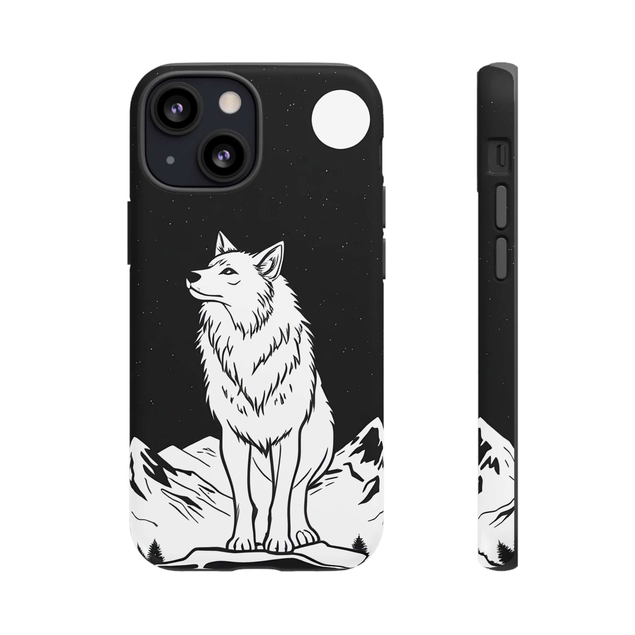 Black wolf phone case with white wolf art, moon detail, mountain rocks, and camera lens openings