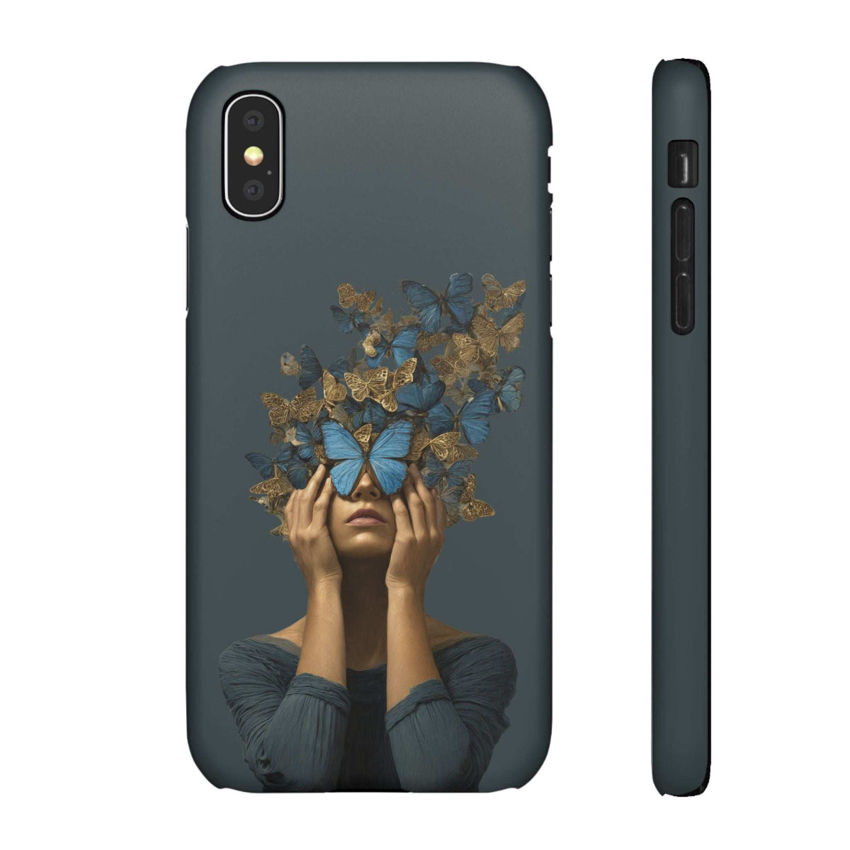 Dark gray phone case showing butterfly face artwork and side profile with port openings
