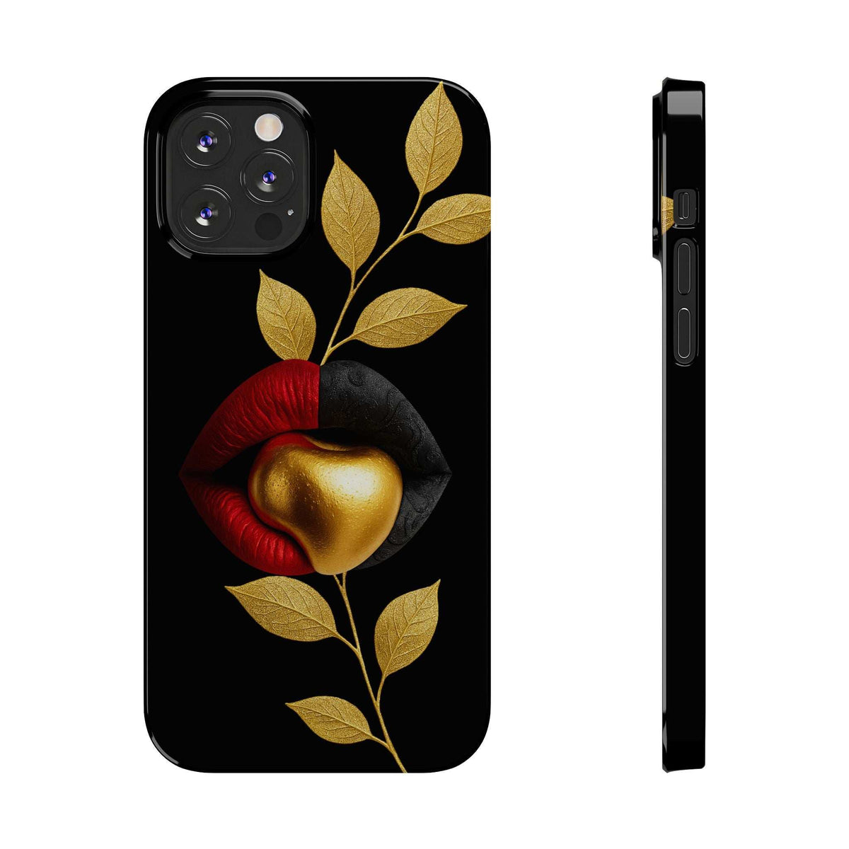 Black iPhone phone case with gold leaves and red lips design; camera lenses visible