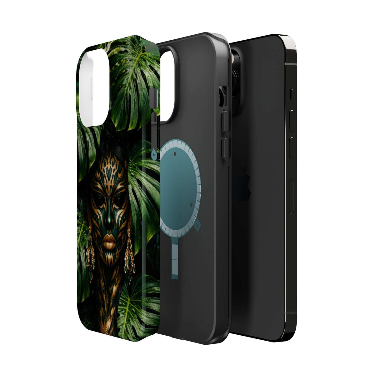 Jungle spirit phone case for iPhone 13-17 in black with green jungle and gold face design.
