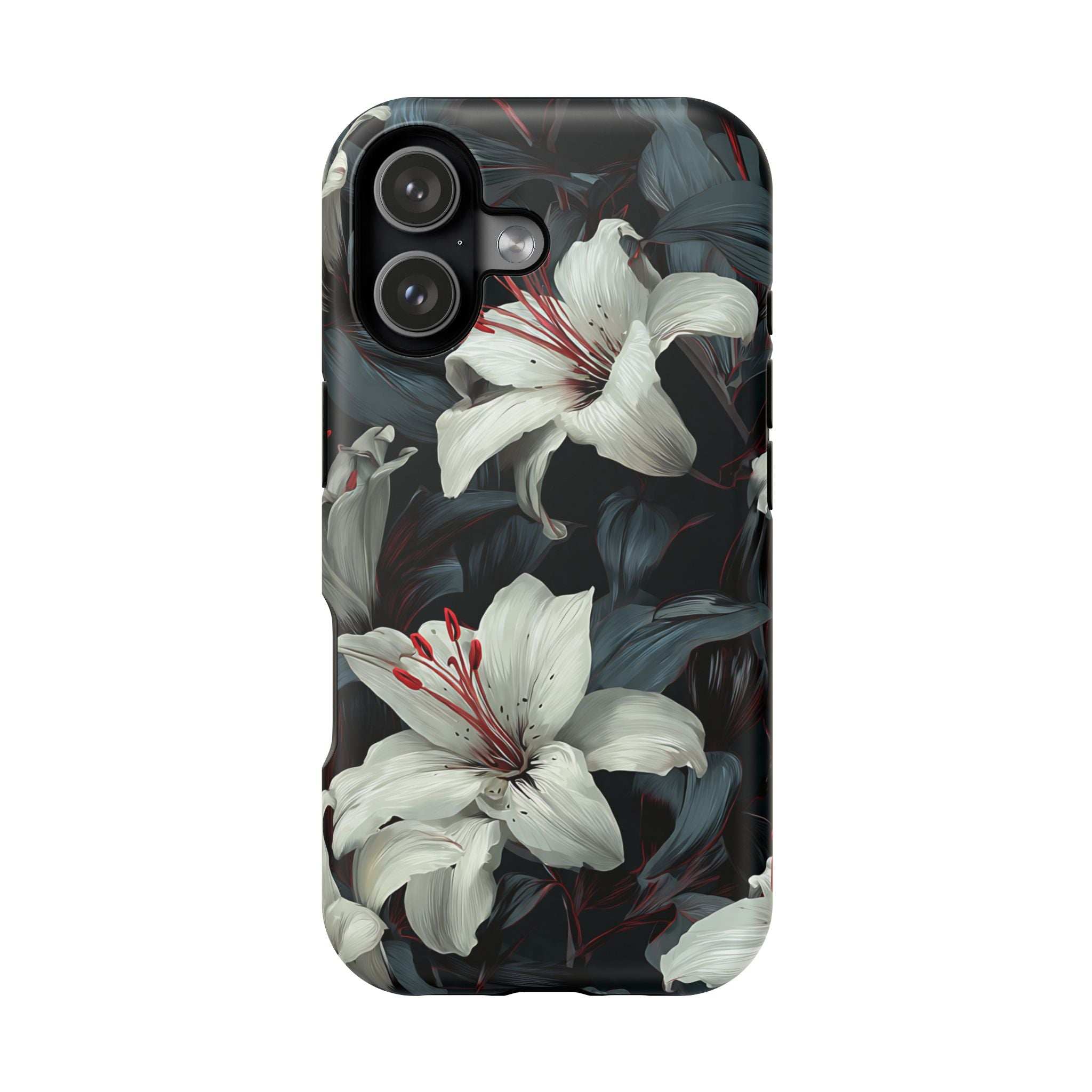 iPhone 13-17 floral phone case with large white lily blossoms on dark leaf pattern