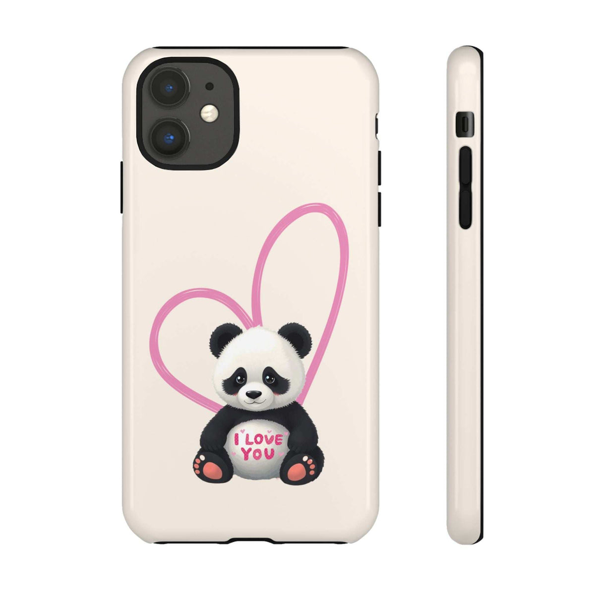 Beige phone case showing panda in a pink heart with “I LOVE YOU”; back and side