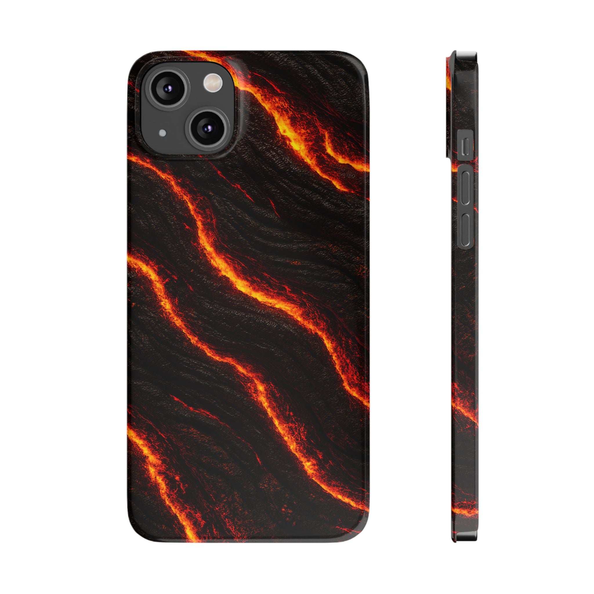 Black phone case with orange lava streaks; back camera openings with raised lens rings.