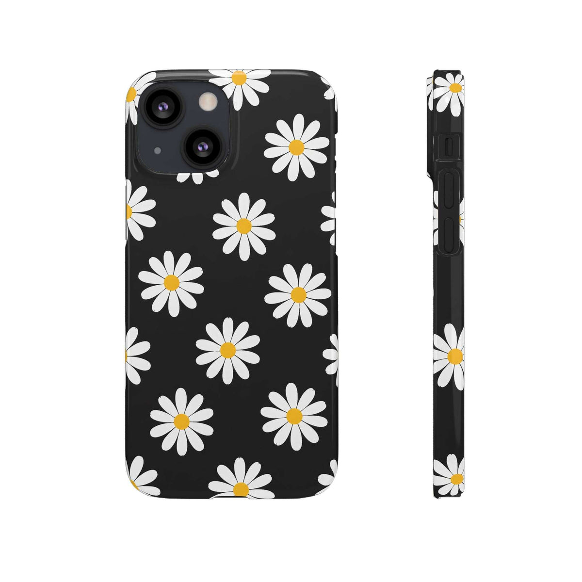 Black phone case with white daisies and yellow centers, front and side view with cutouts.