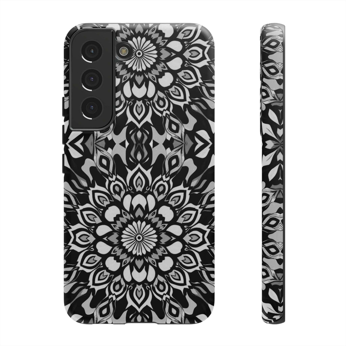 Mandala phone case with black-and-white mandala artwork and camera cutouts with raised border