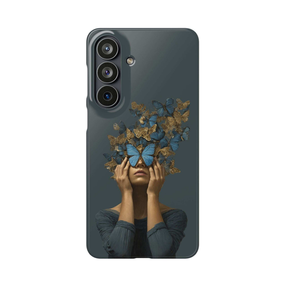 Dark gray phone case with butterfly crown graphic and woman’s hands covering face