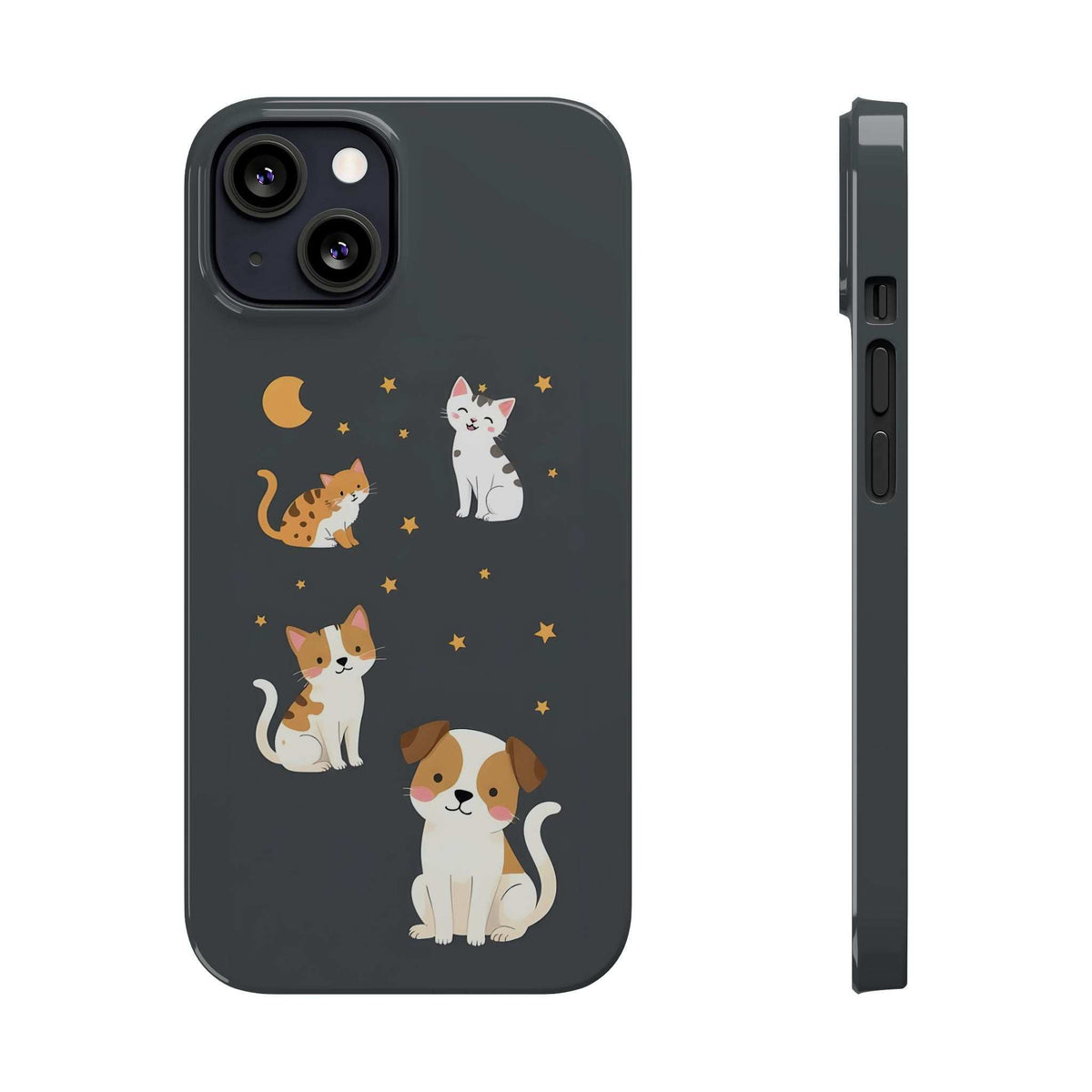 Phone case front with cat and dog illustration, stars and moon; side profile with buttons