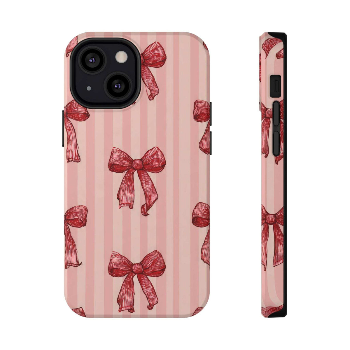 Pink phone case featuring vertical stripes and red bows; camera module cutout on back.