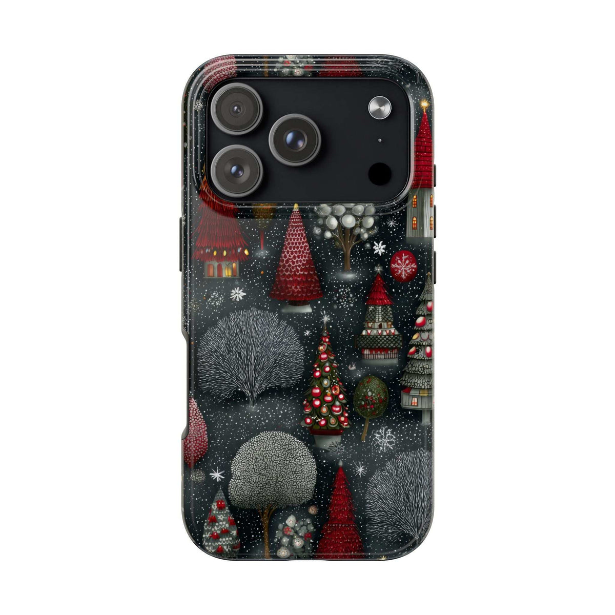 Phone case back with winter village artwork and matte black camera bump cutout