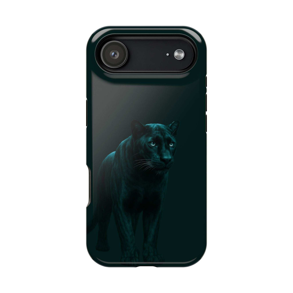 Phone case with dark panther graphic on back, raised camera bar, and top flash cutout