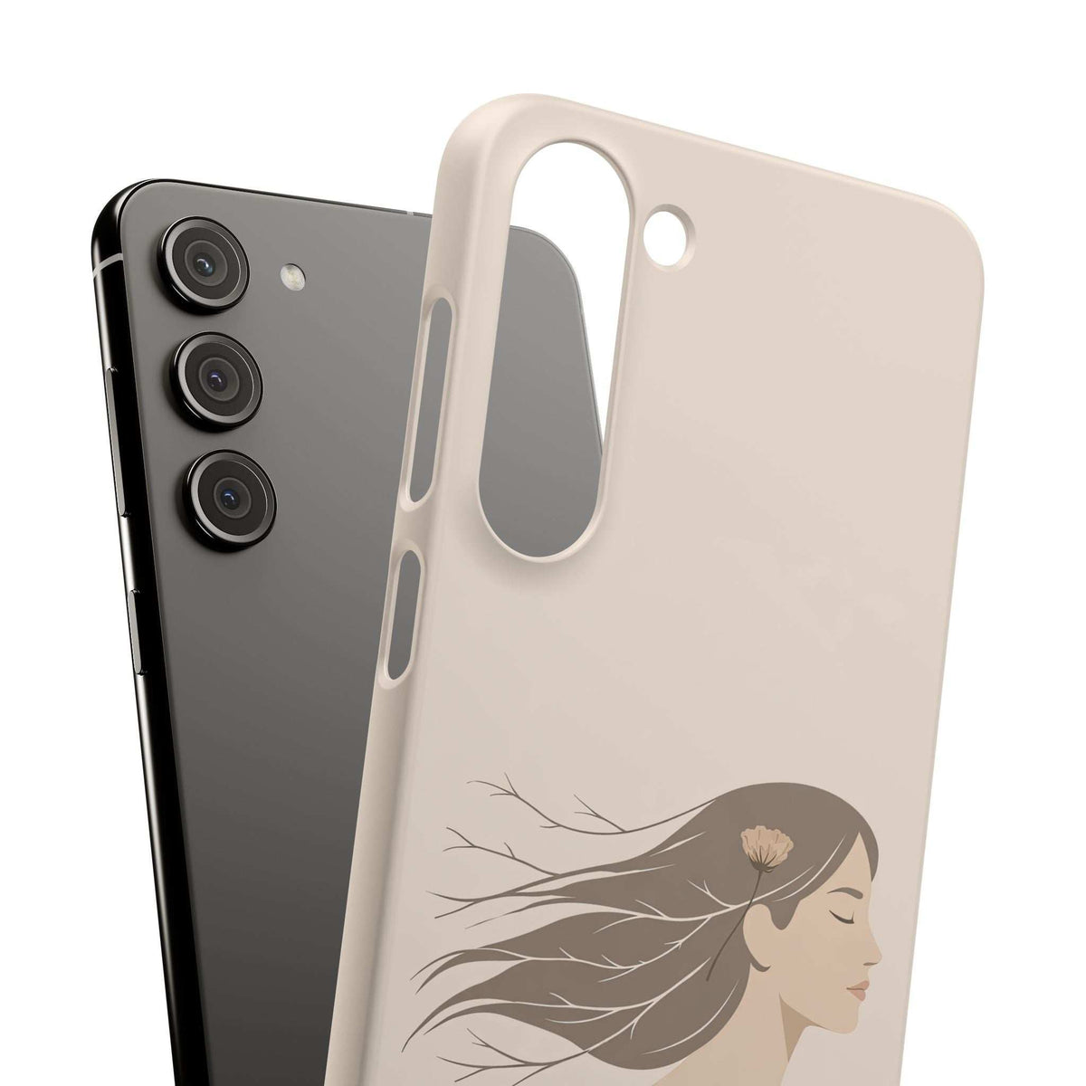 Light beige phone case for iPhone and Galaxy with profile woman line art