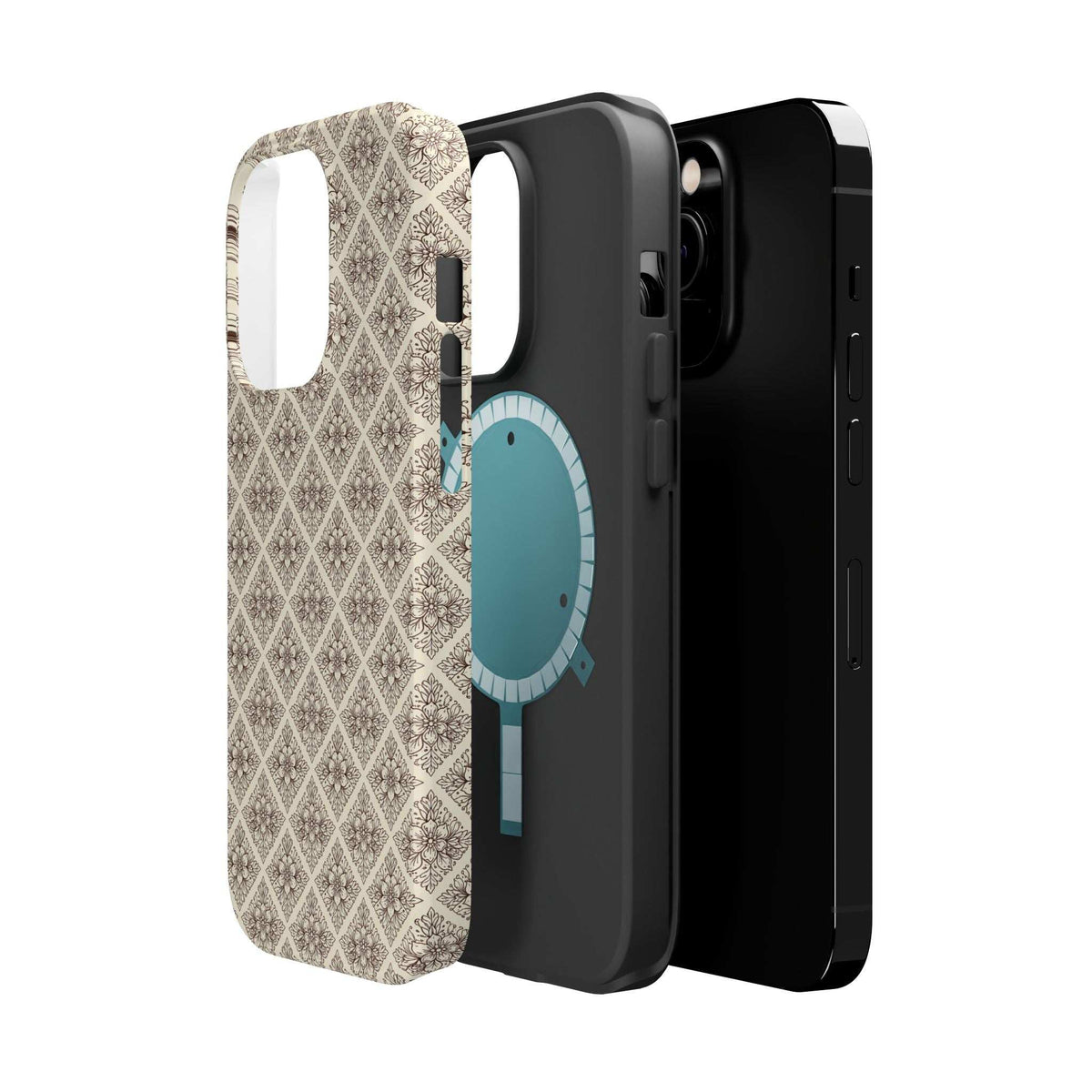 Beige patterned phone case with blue oval design, angled view with camera and speaker cutouts