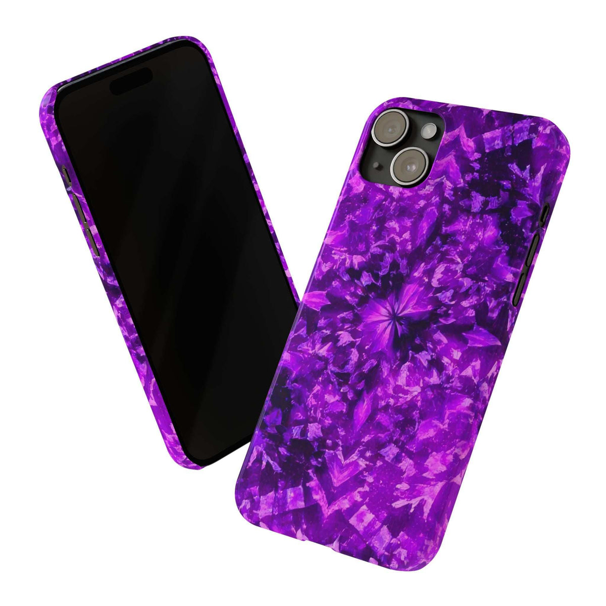 Purple kaleidoscope phone case set showing back and front, with camera lens cutouts.
