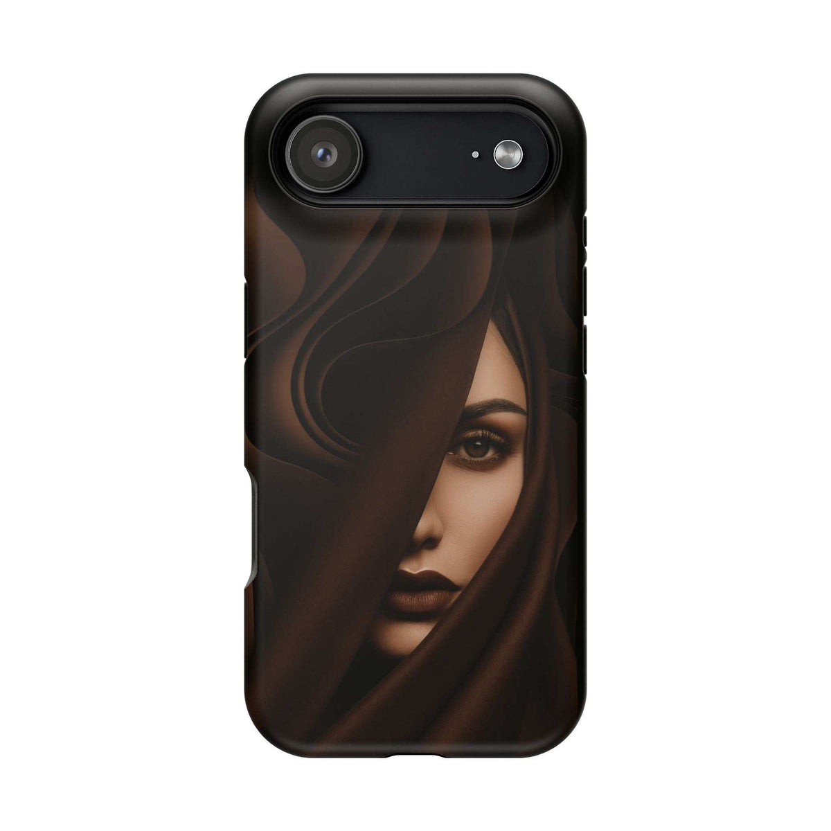 Black phone case with moody woman portrait; dual-camera cutouts