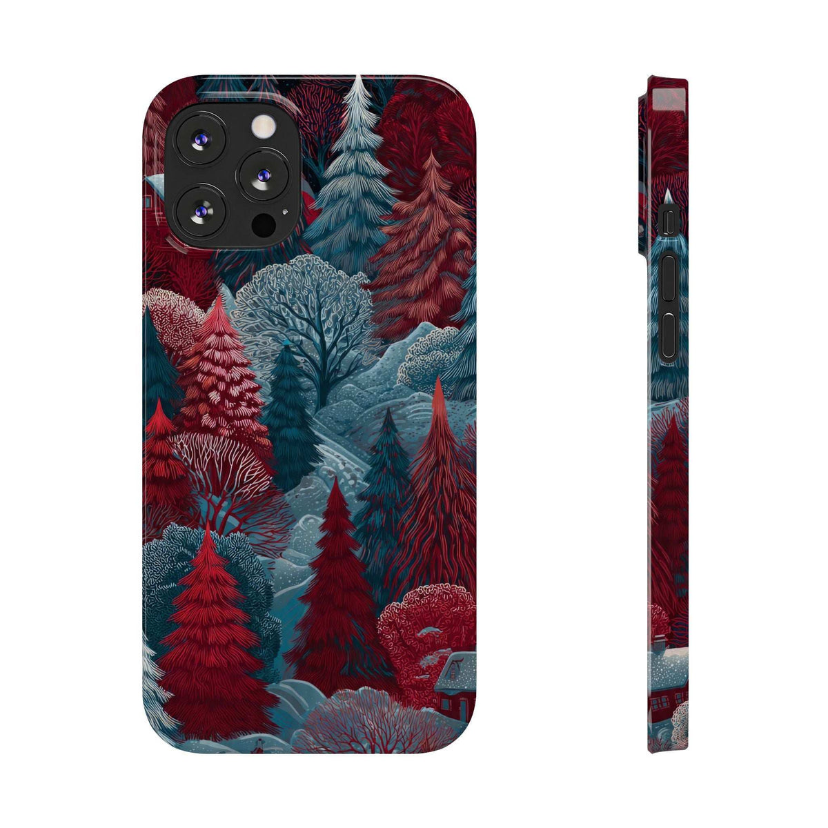 Phone case back featuring teal trees and red pines; camera holes on dark panel
